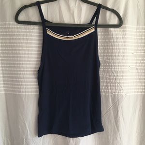 navy blue tank top with stripe neck